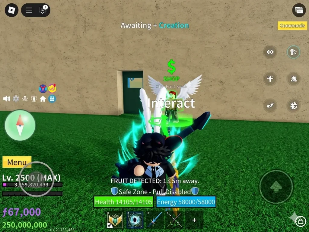 Roblox Blox Fruite most popular game gameplay showing a player character with angel wings standing in a grassy area with game UI visible."