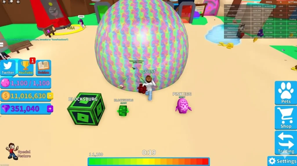 Roblox bubble gum simulator game interface showing 11 million coins, 351k diamonds, and a Pink Egg quest in a high-resolution 4K interface.