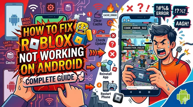 How to fix Roblox or Roblox mod APK not working on Android devices: image featuring a troubleshooting guide and a Roblox player.