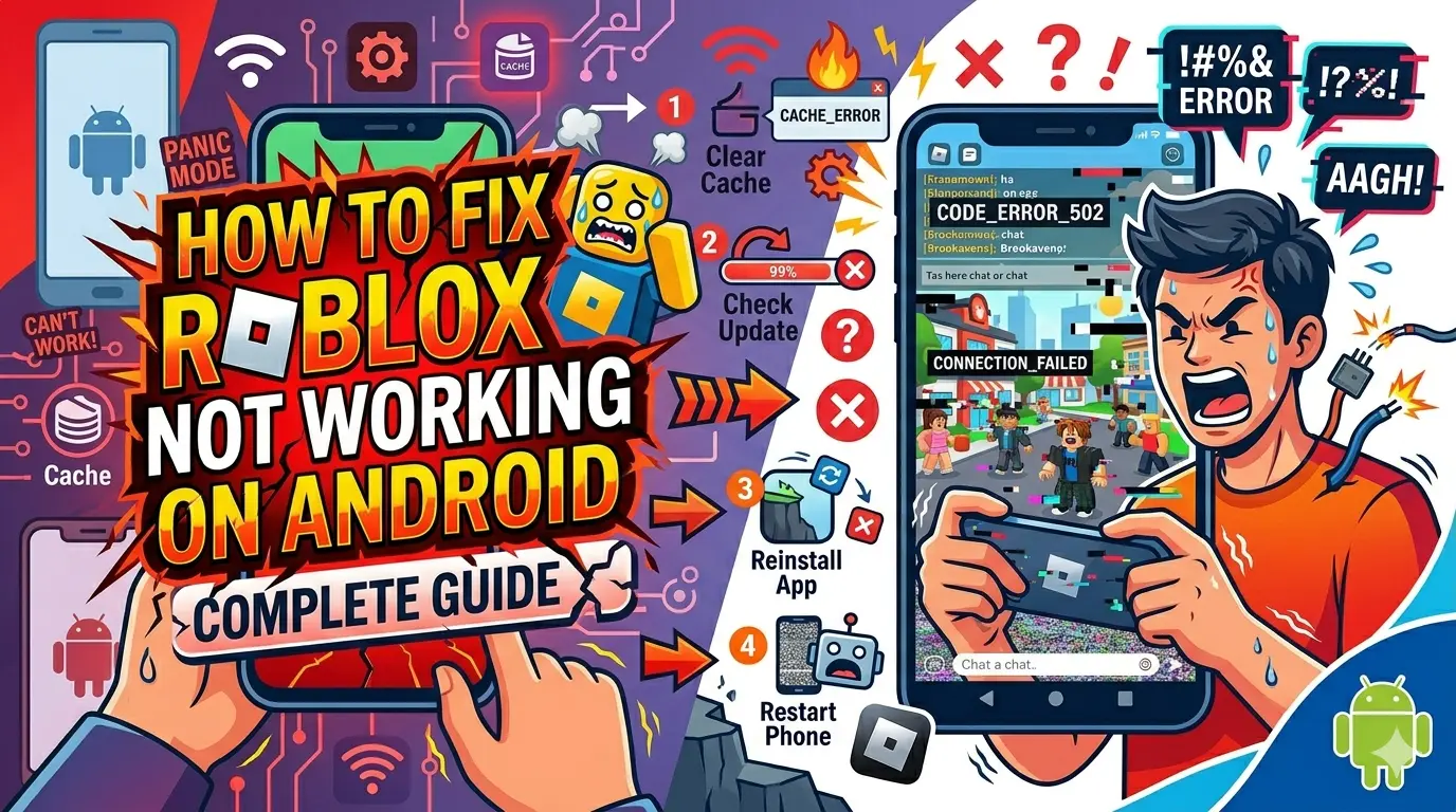How to fix Roblox or Roblox mod APK not working on Android devices: image featuring a troubleshooting guide and a Roblox player.