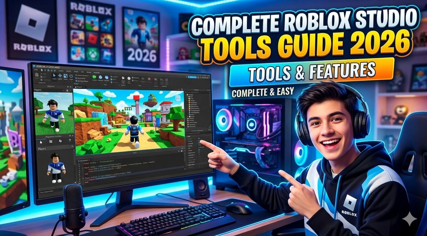 Complete Roblox Studio Tools Guide 2026 - Young creator showing Roblox Studio interface on his monitor in a gaming setup