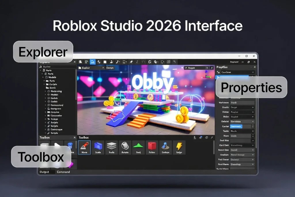 Roblox Studio 2026 Interface showing Explorer panel, Properties window, and Toolbox with labels. Complete visual guide to Roblox Studio layout for beginners.