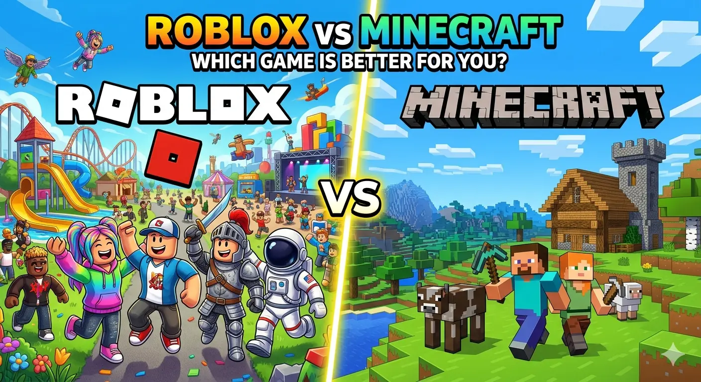 Roblox vs Minecraft comparison showing Roblox social gaming vs Minecraft sandbox survival.