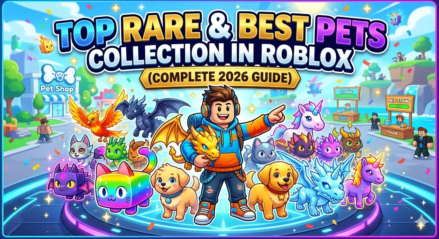 A vibrant 3D illustration featuring top rare pet colleciton in Roblox 2026, a Roblox avatar surrounded by rare pets like a rainbow cat, golden dragon, and ice phoenix in a pet shop environment.