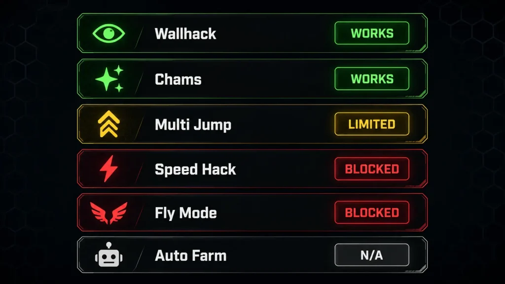 Feature compatibility table for Roblox Mod APK in BedWars showing wallhack works and speed hack is blocked