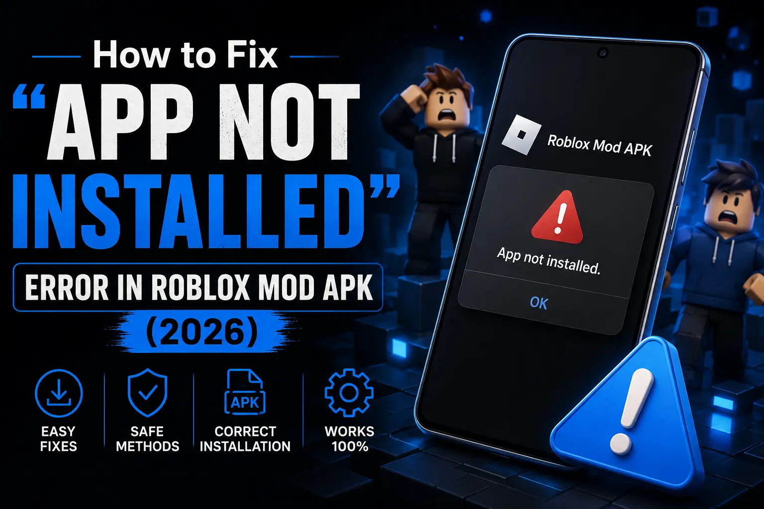 Featured image showing how to fix the App Not Installed error in Roblox Mod APK on Android with troubleshooting steps, warning icon, APK file, and smartphone on a dark gaming background.