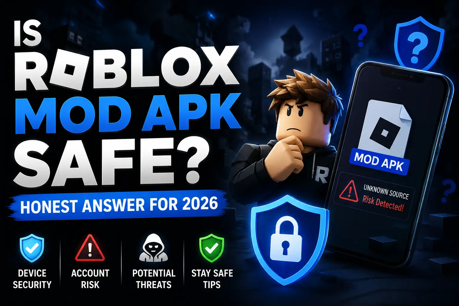 Roblox Mod APK safety guide for 2026 showing device security risks, account ban risks, malware dangers, and safe downloading tips.