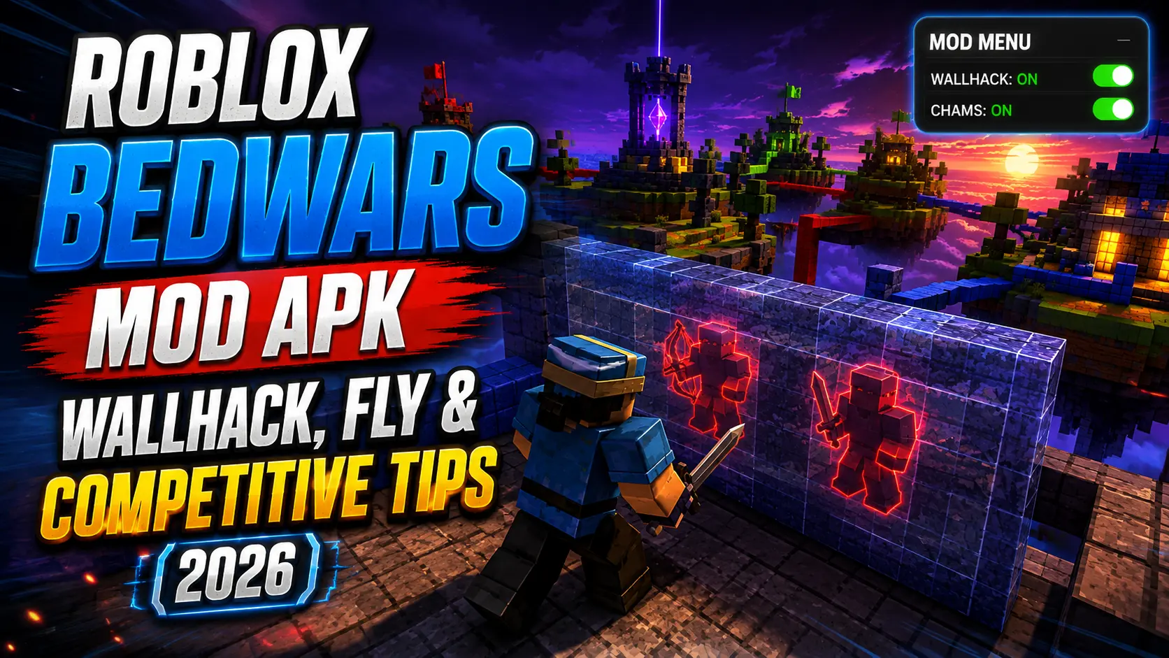 Roblox BedWars gameplay with Mod APK Wallhack active showing enemy players highlighted through walls and structures