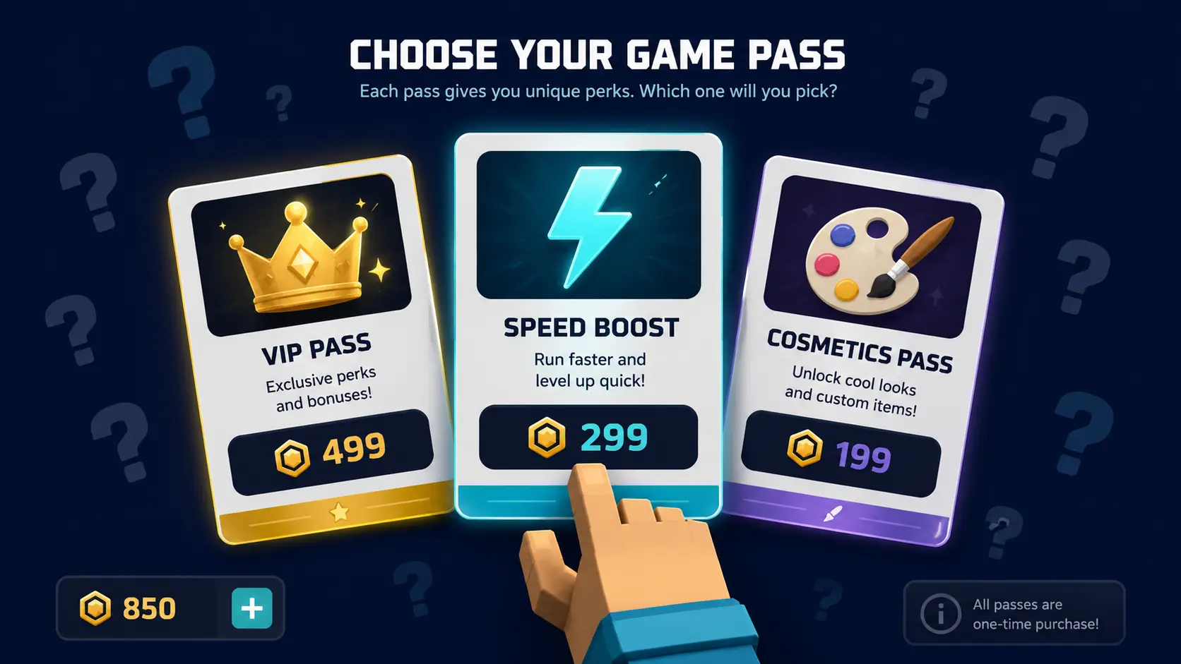 Roblox game pass purchase screen showing different pass types and Robux prices in 2026