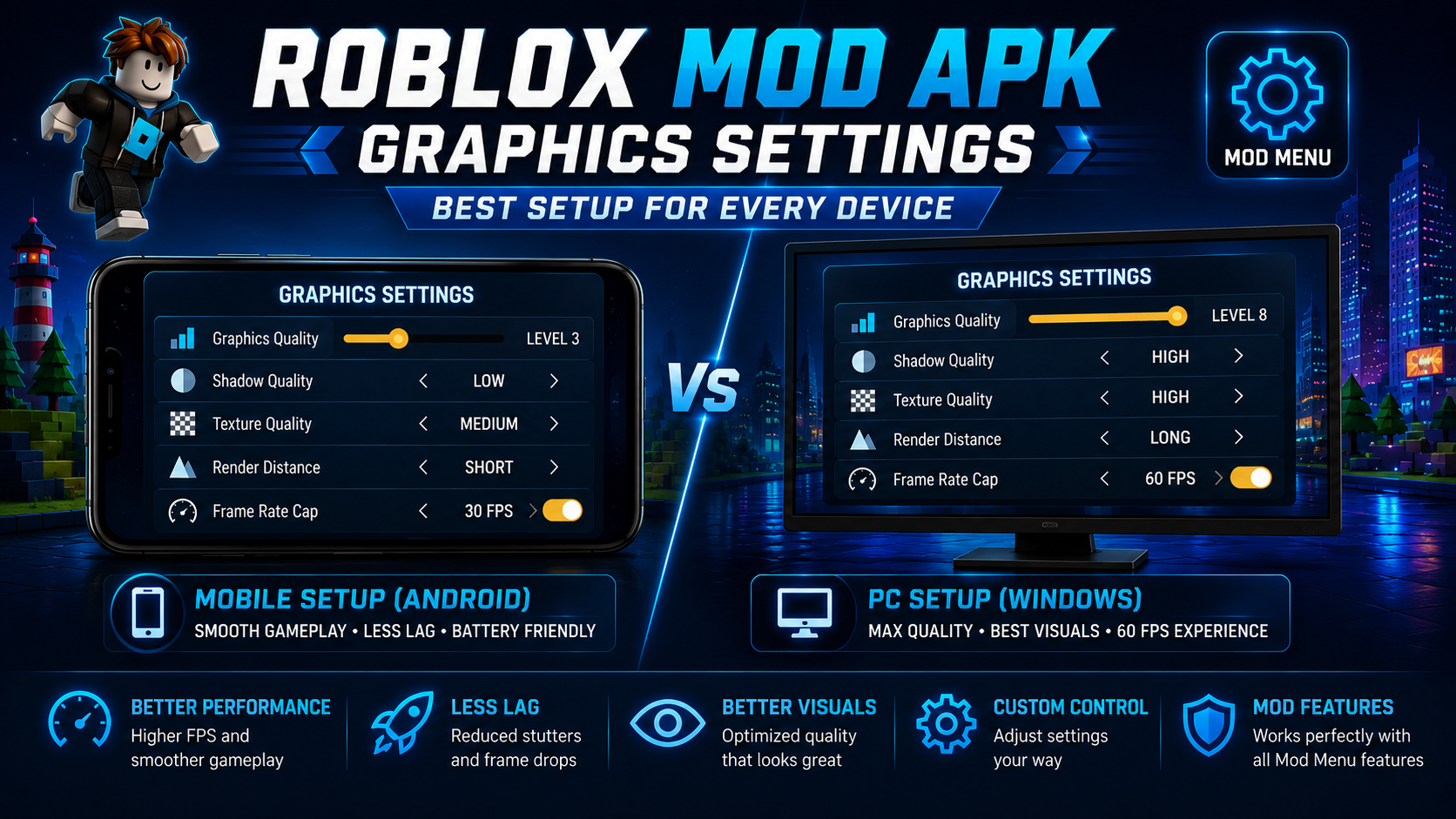 Roblox graphics settings screen on Android showing quality slider and shadow options with performance optimization tips