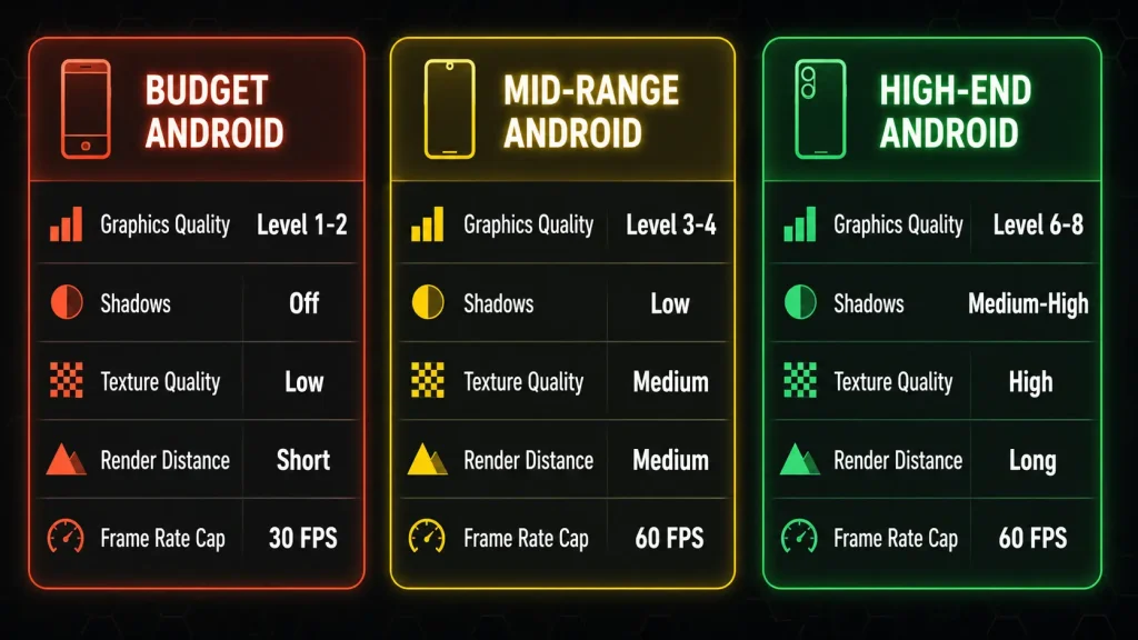 Three-tier comparison chart showing recommended Roblox graphics settings for budget, mid-range, and high-end Android devices