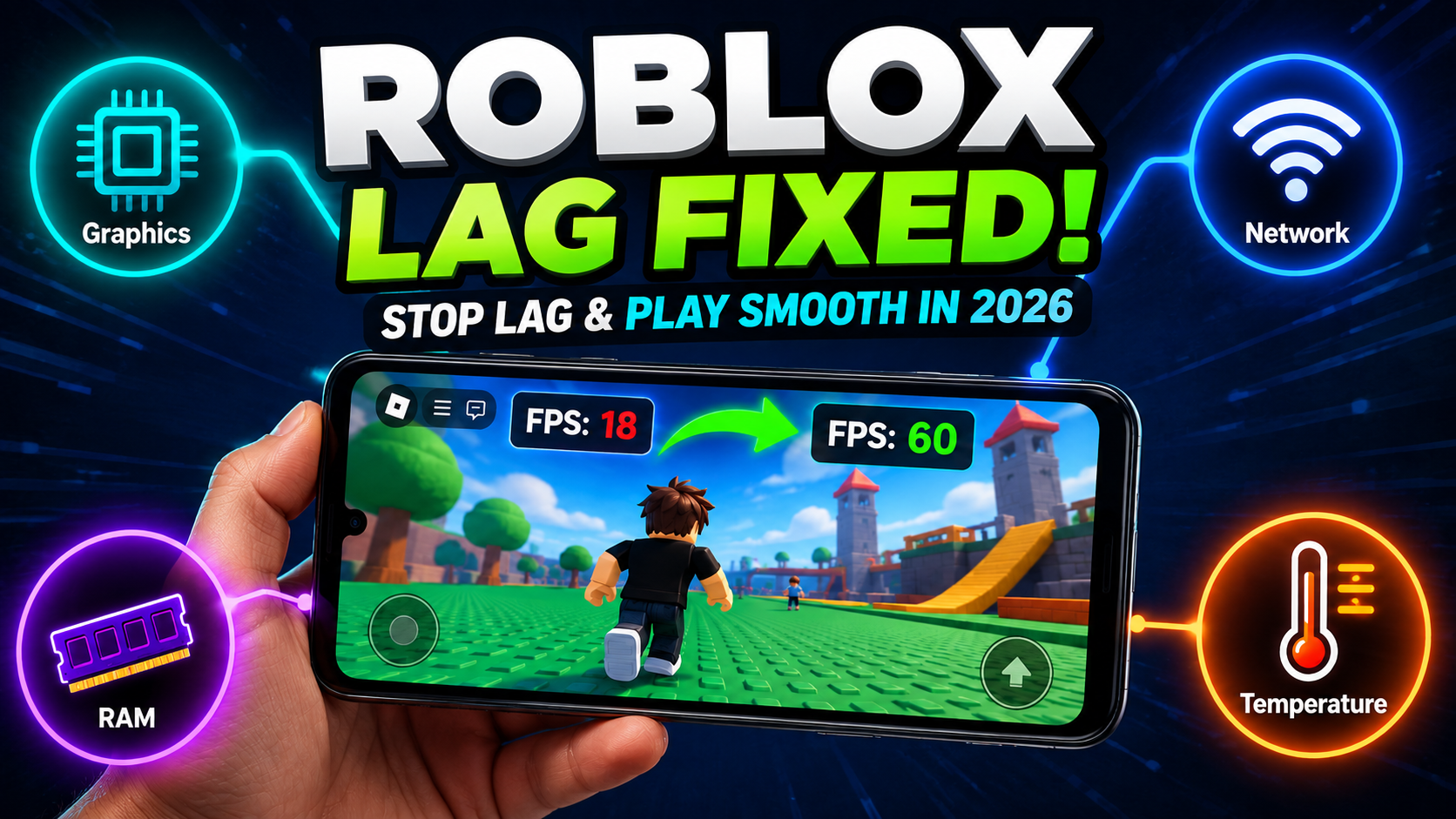 Android phone showing Roblox gameplay with performance optimization settings and lag fix tips illustrated around the screen