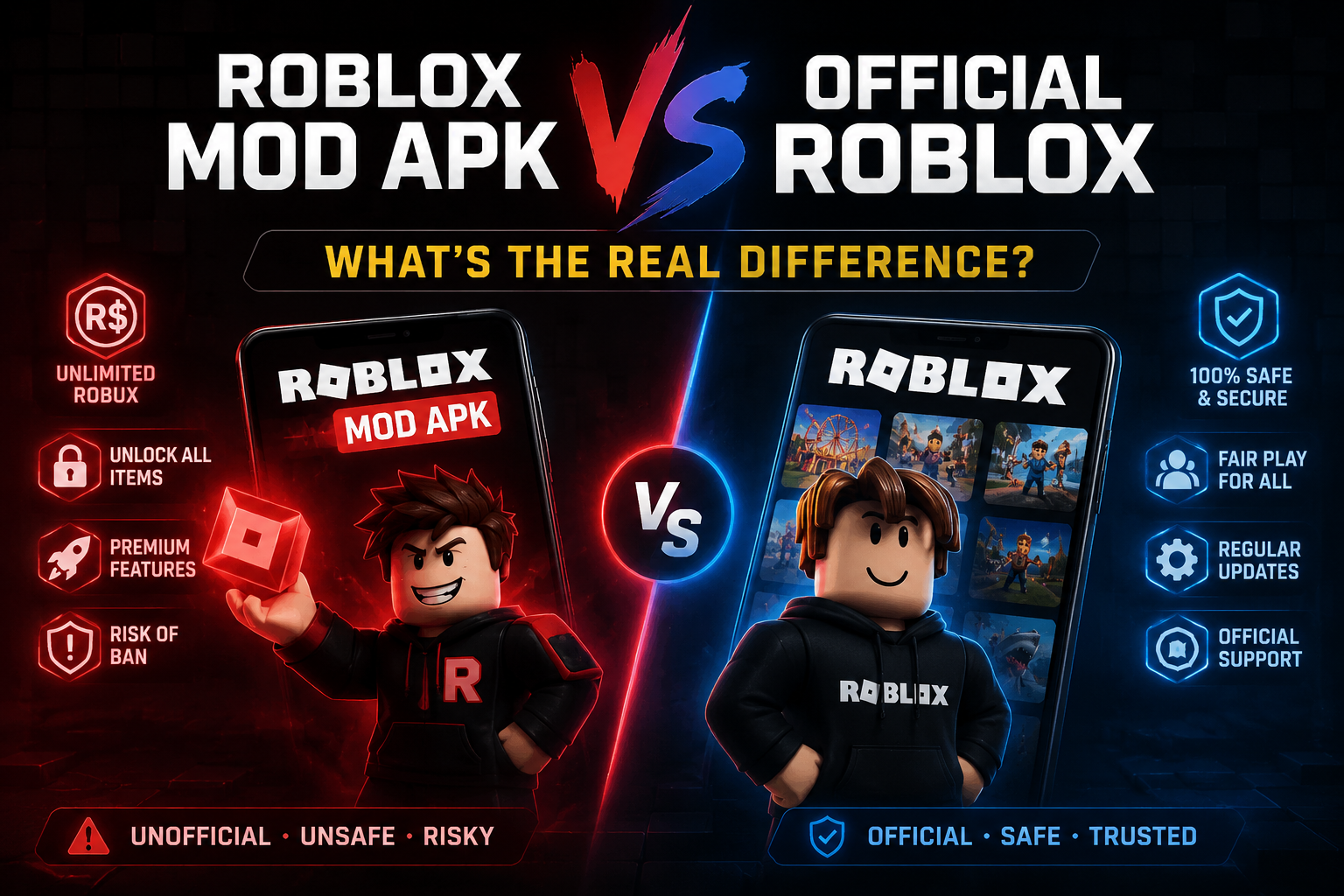 Comparison between Roblox Mod APK and Official Roblox showing the key differences in safety, features, updates, and gameplay.