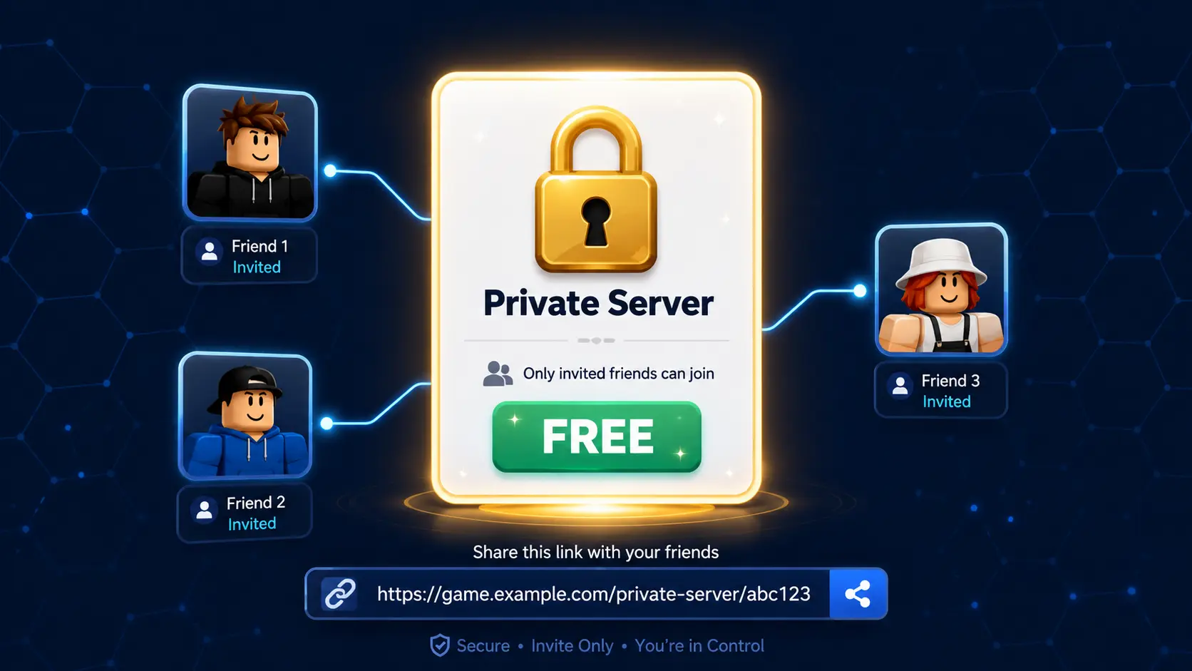 Roblox private server creation screen showing free VIP server option with invite link for friends