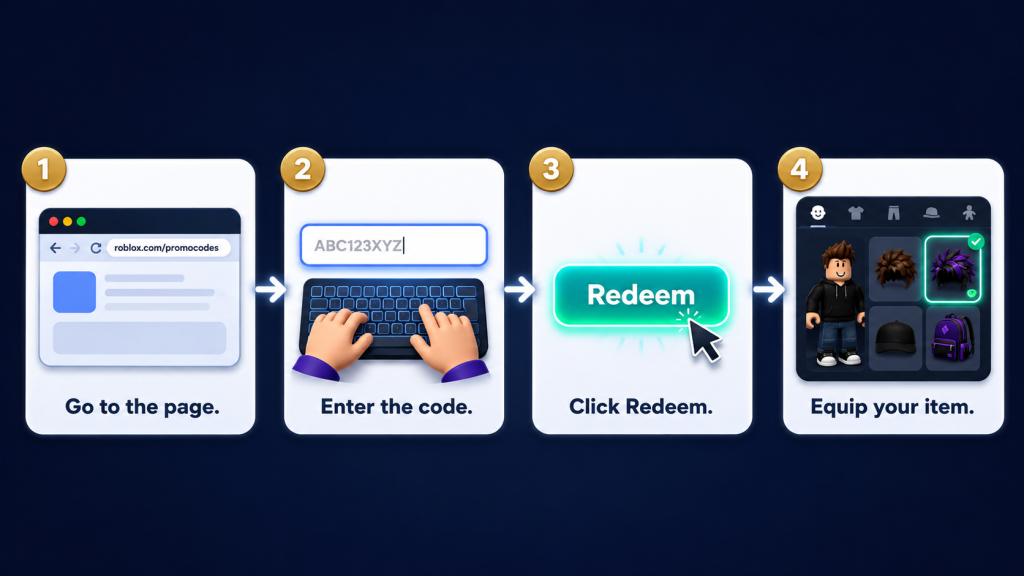 Step-by-step visual guide showing how to redeem a Roblox promo code in four steps on the official website