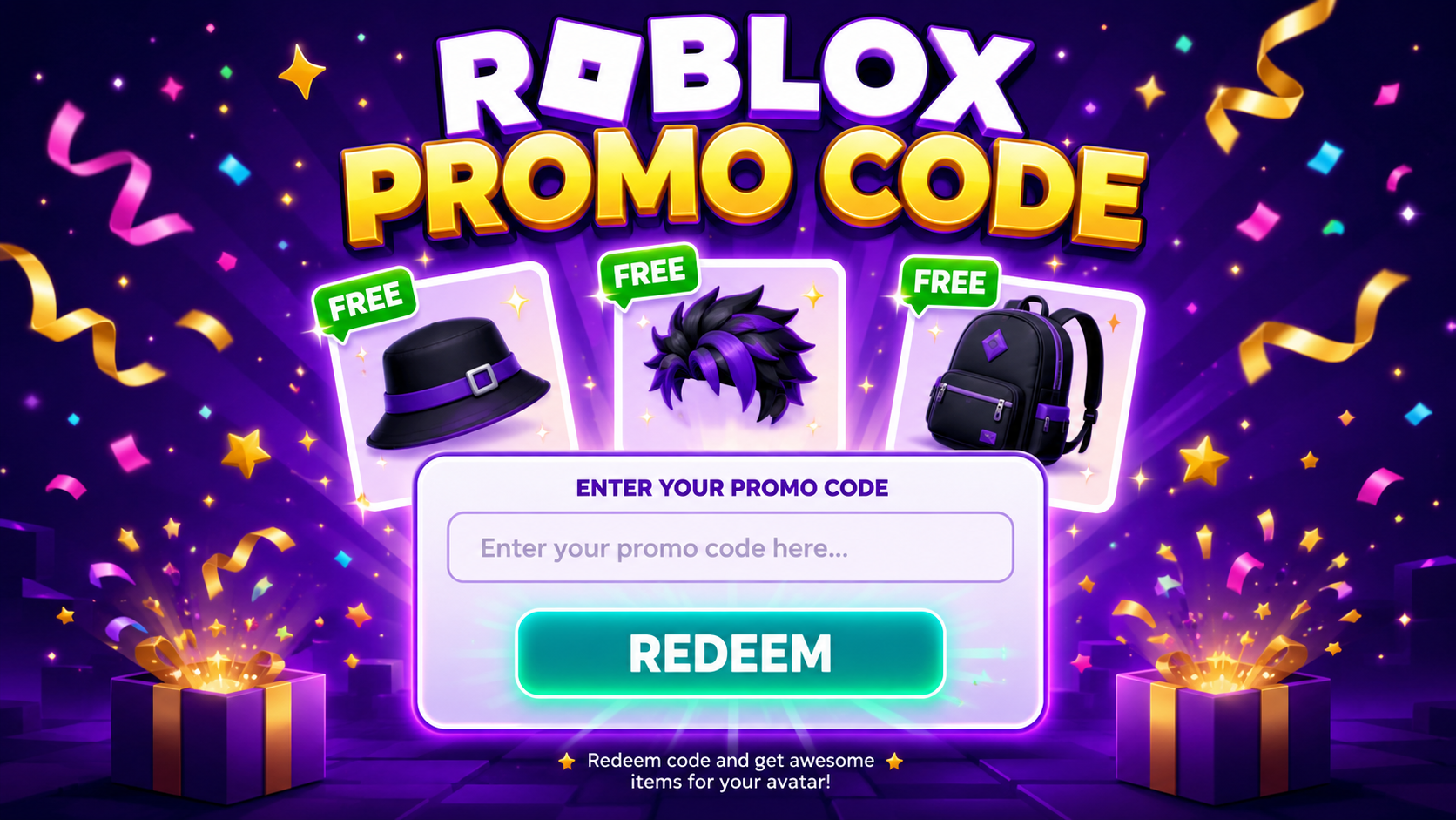 Roblox promo code redemption screen showing active working codes and free avatar item rewards